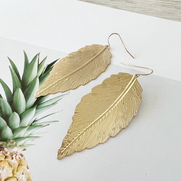 Gold Leaf French Hook Drop Earrings - Picture 2 of 4